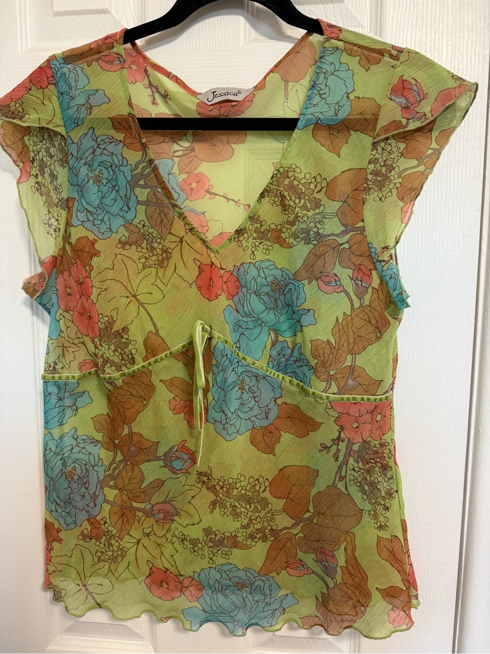 Jessica Sheer Floral V-Neck Tie-Waist Top in Lime Green fairy whimsy vibes